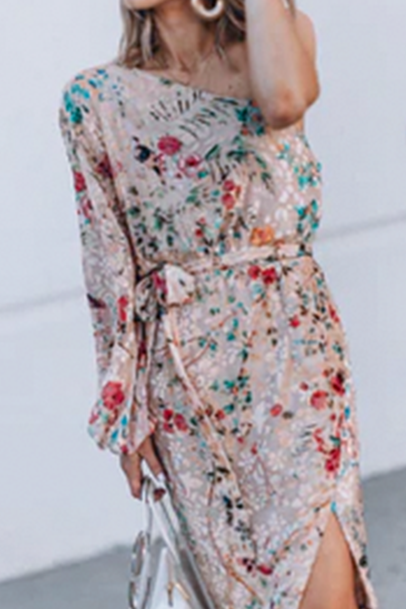 Koovaa  Casual Print Patchwork One Shoulder Irregular Dress Dresses