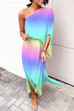 Koovaa Fashion Print One Shoulder Waist Skirt Dresses(5 Colors)