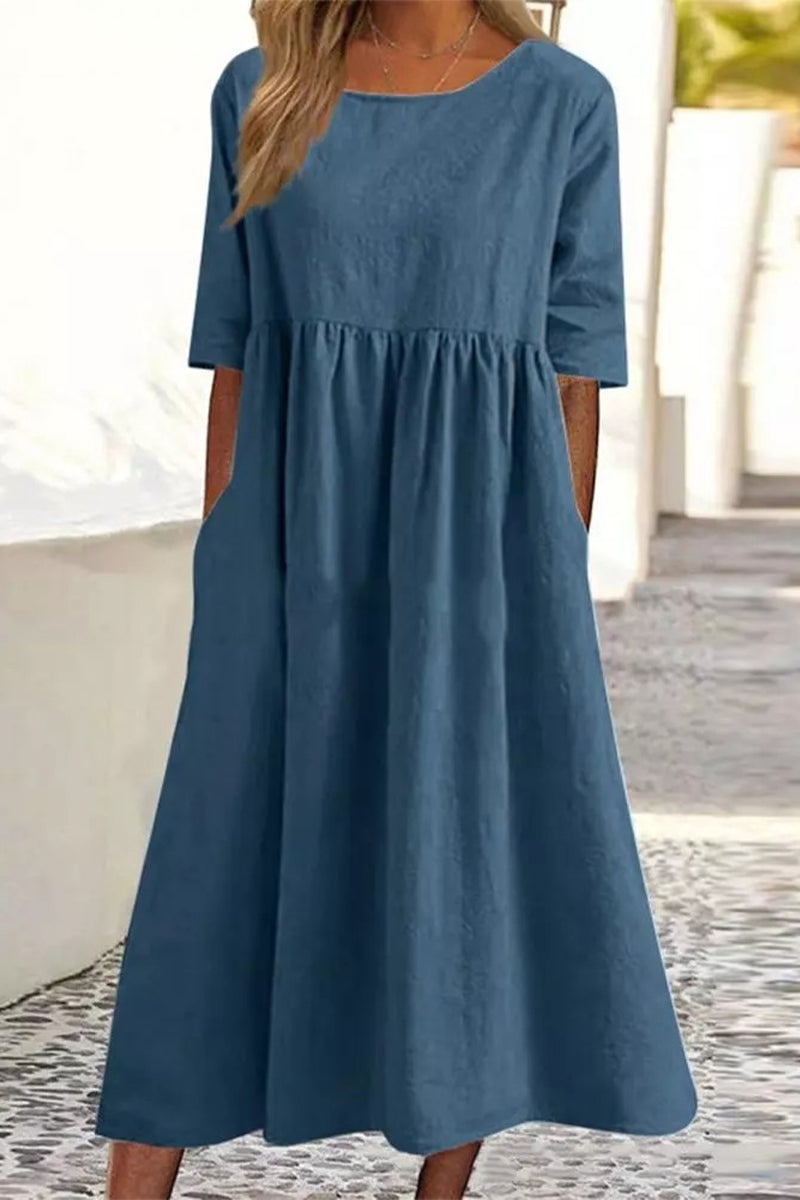 Koovaa  Casual Simplicity Solid Pocket O Neck A Line Dresses(7 Colors)