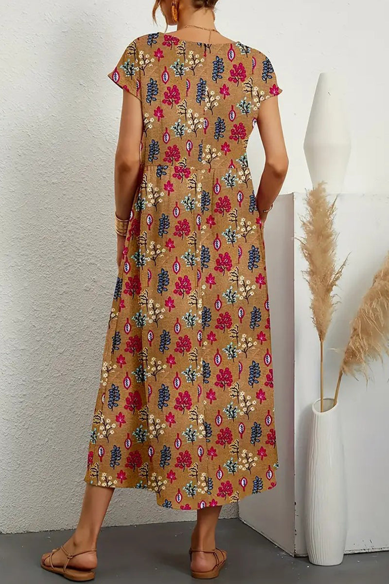 Koovaa  Casual Floral Pocket O Neck Printed Dress Dresses(8 Colors)