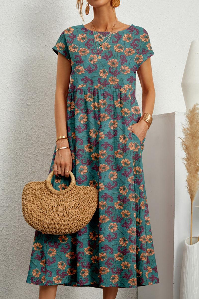 Koovaa  Casual Floral Pocket O Neck Printed Dress Dresses(8 Colors)