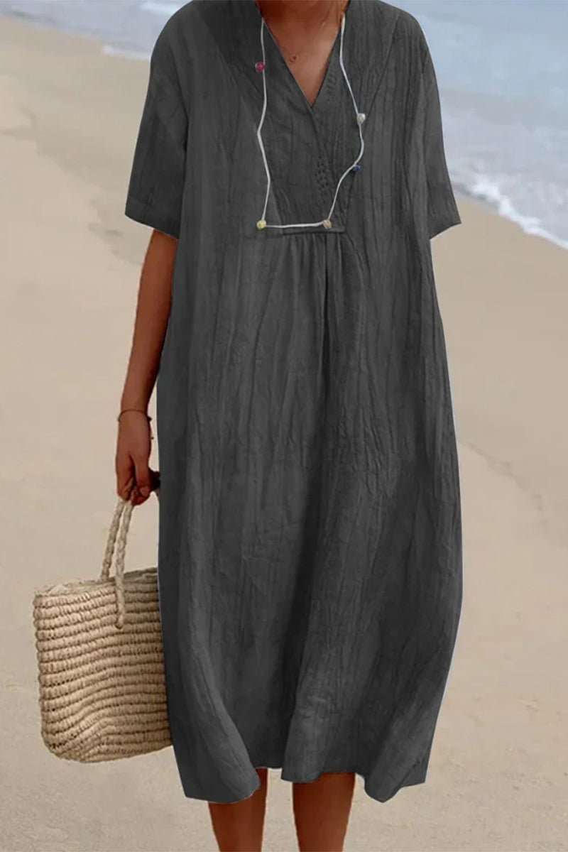 Koovaa  Casual Simplicity Solid V Neck Short Sleeve Dress Dresses(6 Colors)