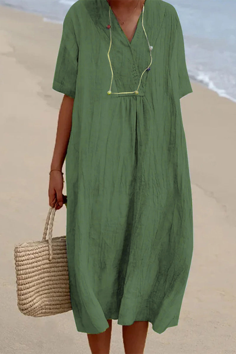 Koovaa  Casual Simplicity Solid V Neck Short Sleeve Dress Dresses(6 Colors)