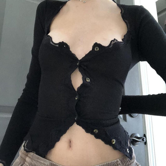 Koovaa Y2k Vintage Lace Trim Black T-Shirt Button Low Cut Long Sleeve Slim Fit Crop Top Elegant Lady Fairycore Grunge Retro Tees Women