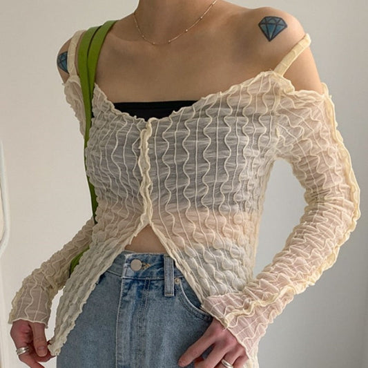 Koovaa Y2K Fairycore Button-Up Tops Aesthetic Open Shoulder Tshirts E-Girl Fashion Sexy Ruffles Long Sleeve T-Shirt Harajuku