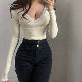 Koovaa Cream Yellow Gentle Crop Top Sexy Women Lace Trim V Neck Long Sleeve Skinny Pullover Tees Y2K Fairy Vintage Basic T-Shirt
